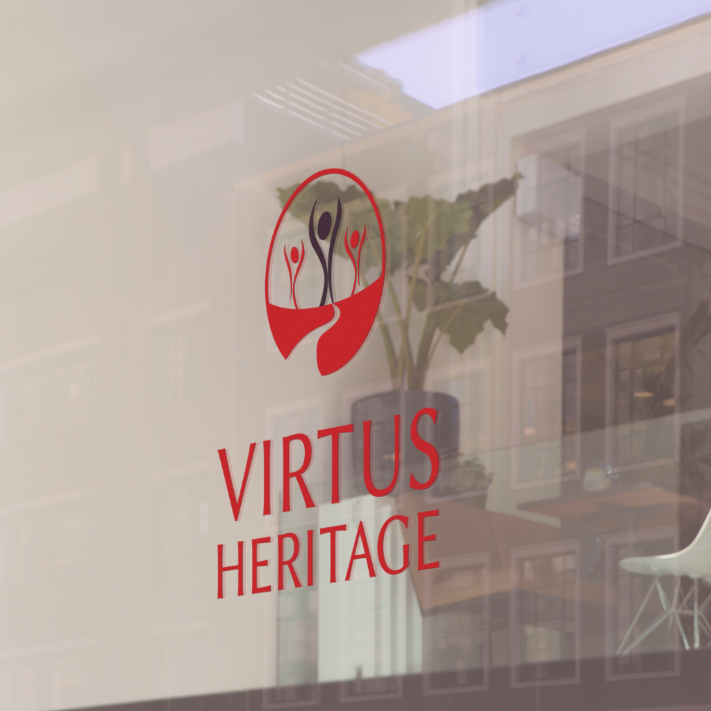 The Virtus Heritage logo on a glass office window.